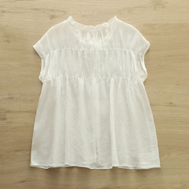 Shirred Ruffled Sleeveless Button Blouse