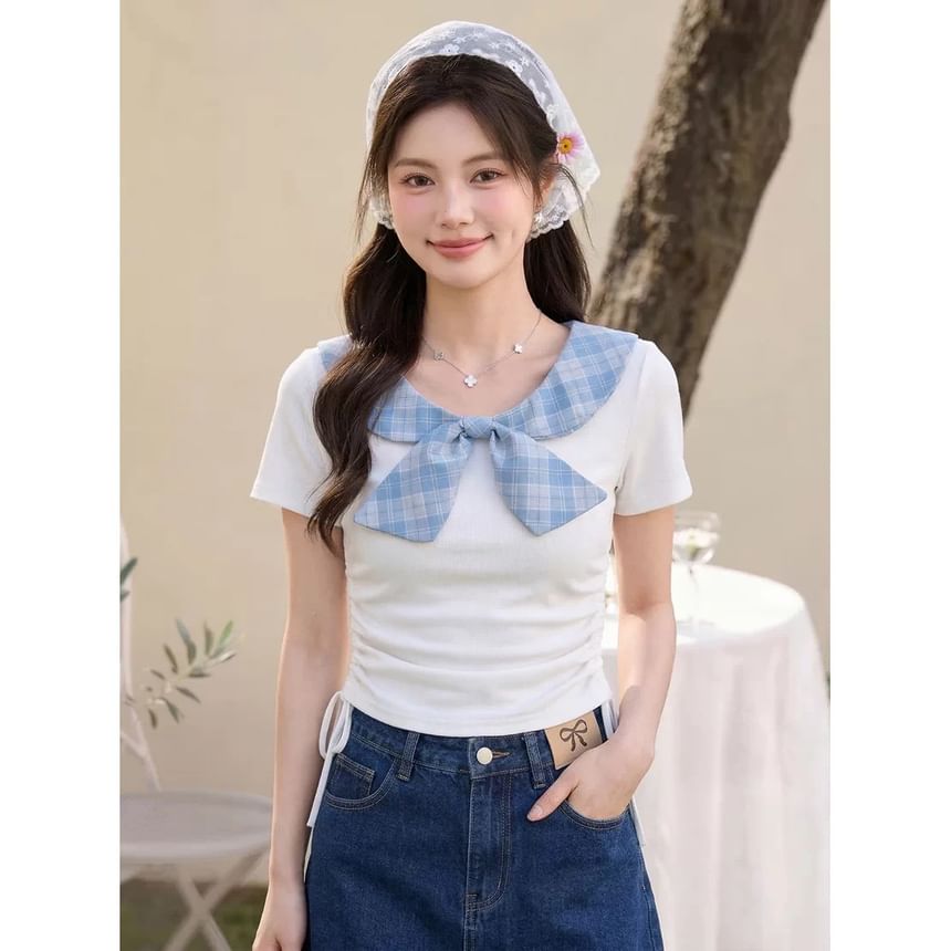 Plaid Tie Neck Short Sleeve Tee