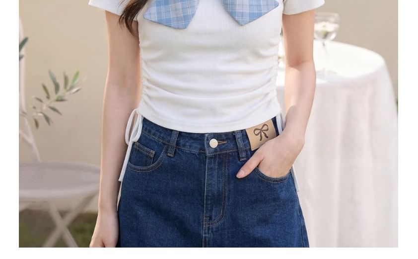 Plaid Tie Neck Short Sleeve Tee