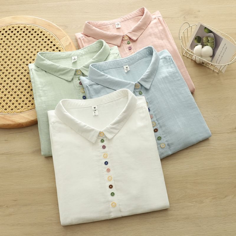 Puff Sleeve Button Front Solid Blouse