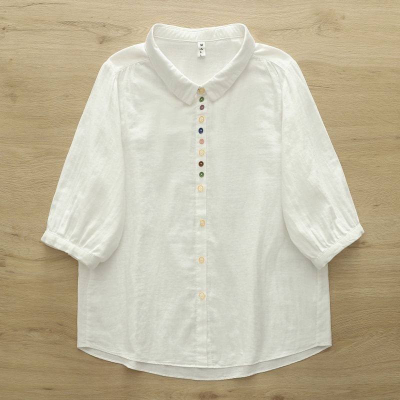 Puff Sleeve Button Front Solid Blouse