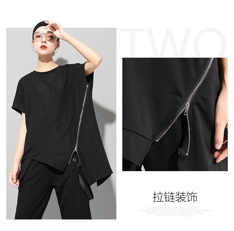Asymmetric Zip Panel Tee with Round Neckline