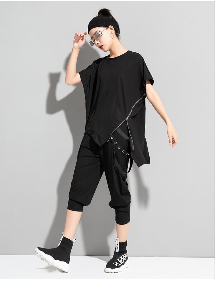 Asymmetric Zip Panel Tee with Round Neckline