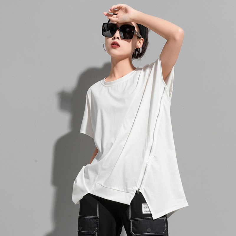 Asymmetric Zip Panel Tee with Round Neckline