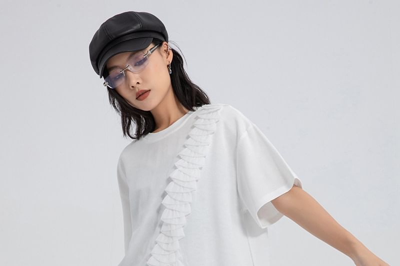 Asymmetric Crew Neck Tee with Ruffled Detail