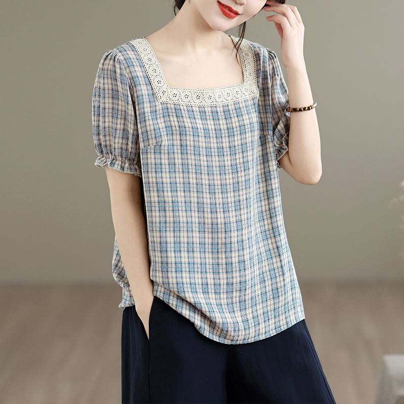 Square Neck Lace Trim Plaid Top