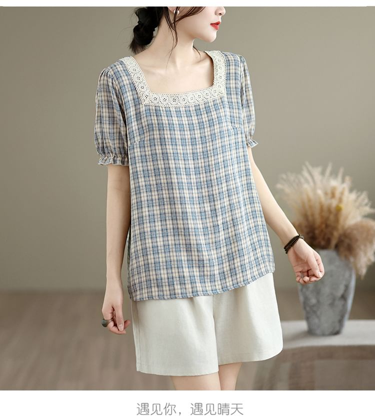 Square Neck Lace Trim Plaid Top