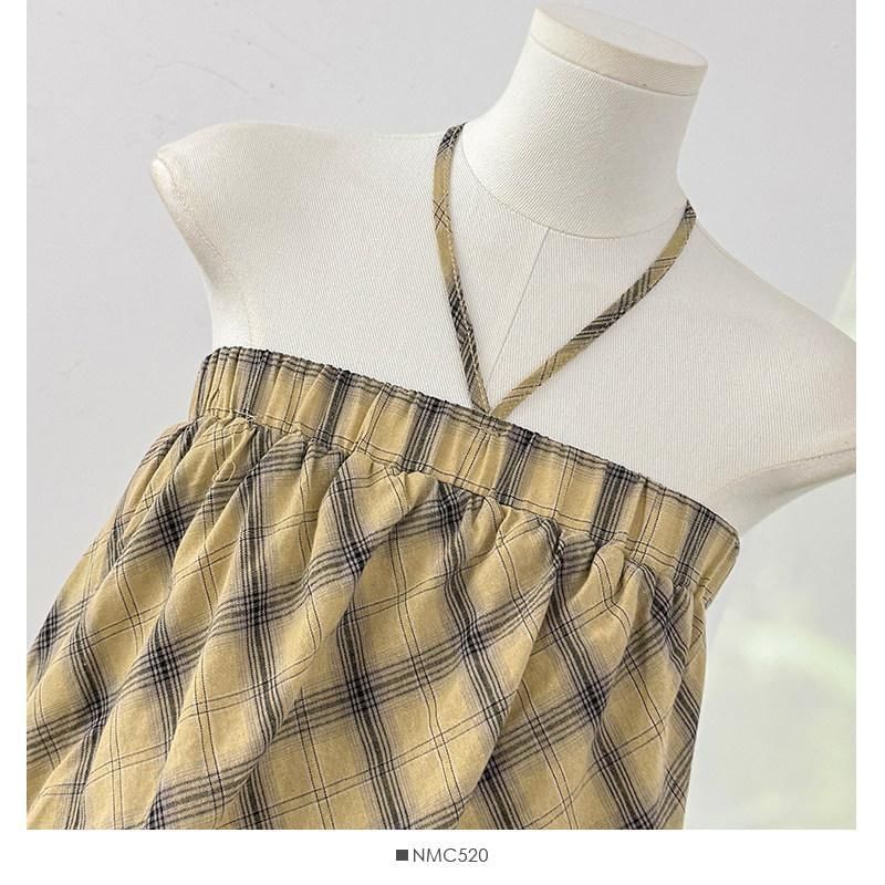 Plaid Lace Trim Halter Neck Sleeveless Top