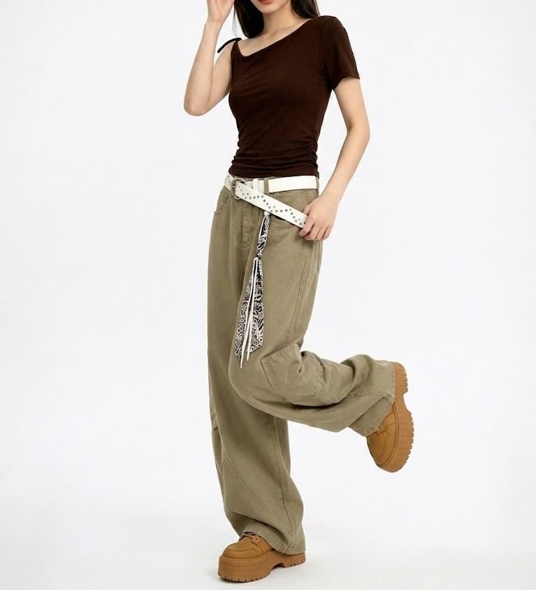 Ruched Asymmetric Round Neck Tee
