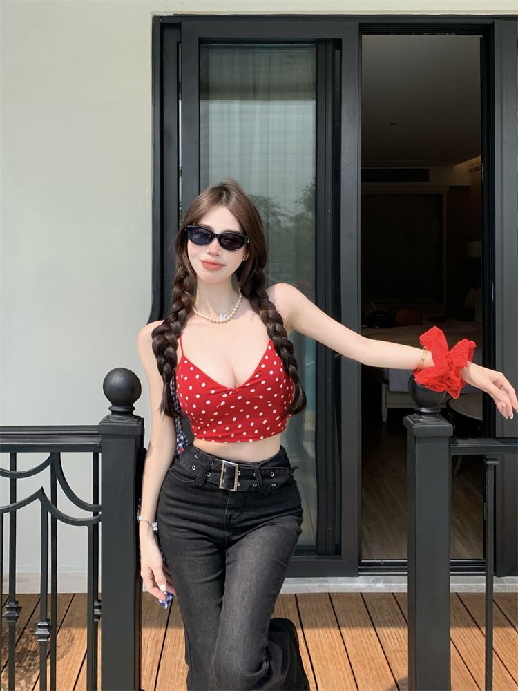 Halter V-Neck Polka Dot Open Back Crop Top