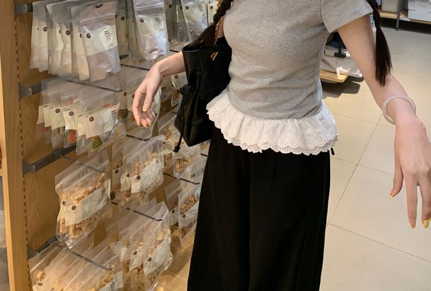 Short-Sleeve Crew Neck Eyelet Lace Panel Tee