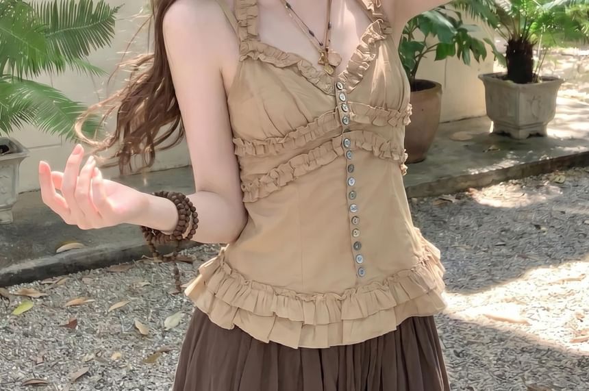 Halter V-Neck Frill Trim Slim Fit Top