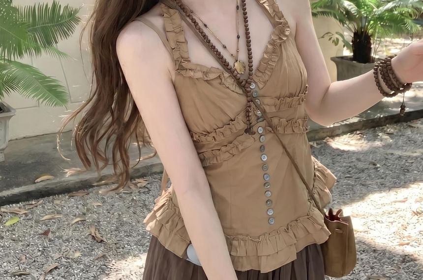 Halter V-Neck Frill Trim Slim Fit Top