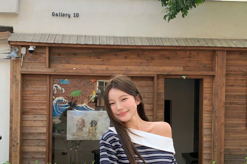 Elbow-Sleeve Off-Shoulder Striped Tee