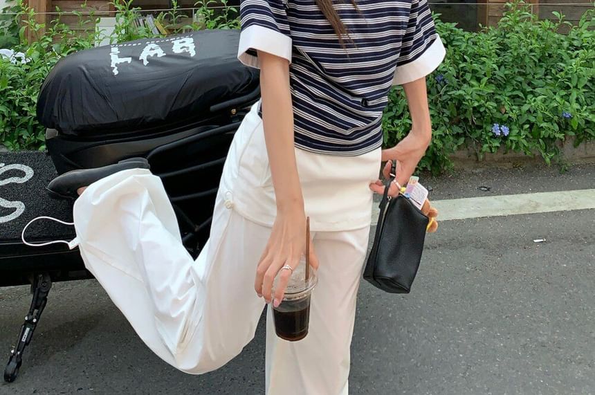 Elbow-Sleeve Off-Shoulder Striped Tee