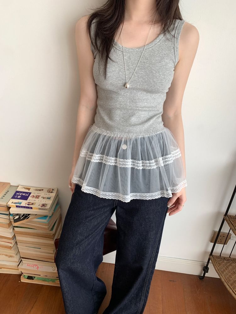 Scoop Neck Lace Panel Peplum Tank