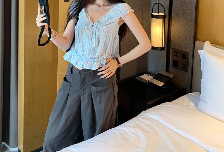 Cap-Sleeve V-Neck Lace Trim Pintuck Crop Blouse