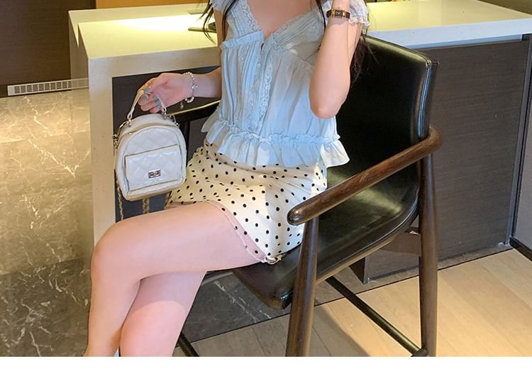 Cap-Sleeve V-Neck Lace Trim Pintuck Crop Blouse
