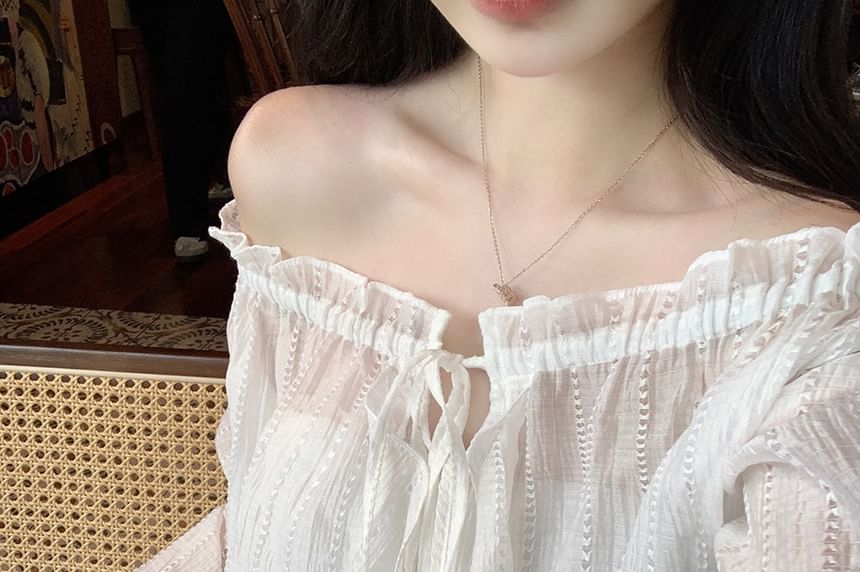 Long-Sleeve Off-Shoulder Sheer Tie-Front Blouse