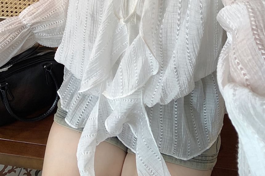 Long-Sleeve Off-Shoulder Sheer Tie-Front Blouse