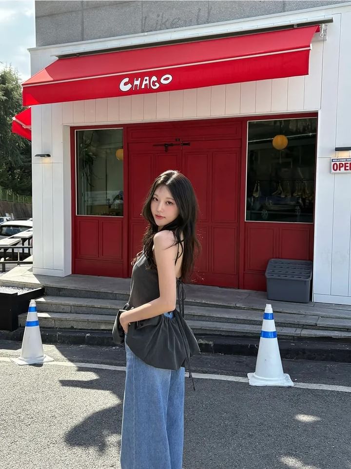 Square Neck Plain Open Back Bubble Hem Peplum Camisole Top