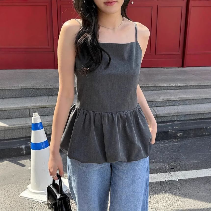 Square Neck Plain Open Back Bubble Hem Peplum Camisole Top