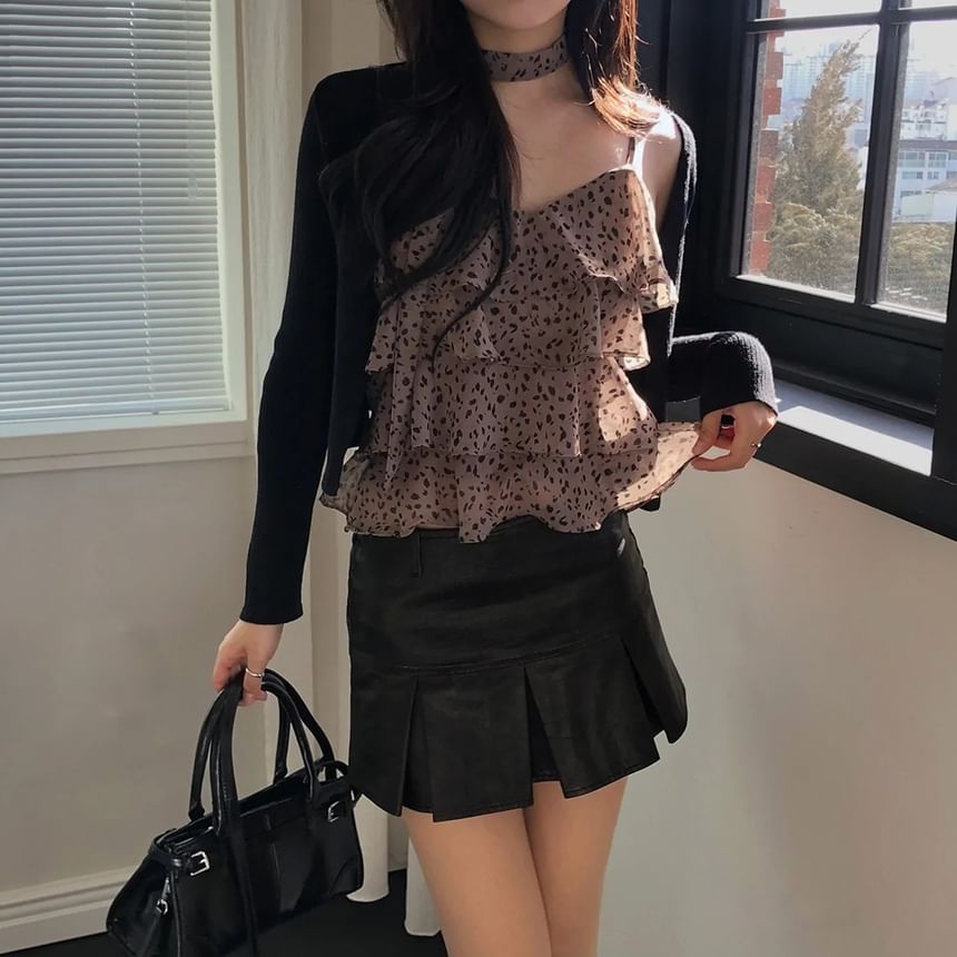 V Neck Leopard Sheer Layered Camisole Top