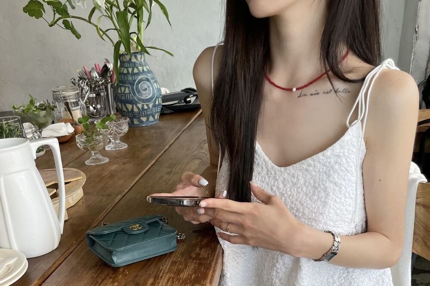 Tie Strap V Neck Plain Textured Loose Fit Camisole Top