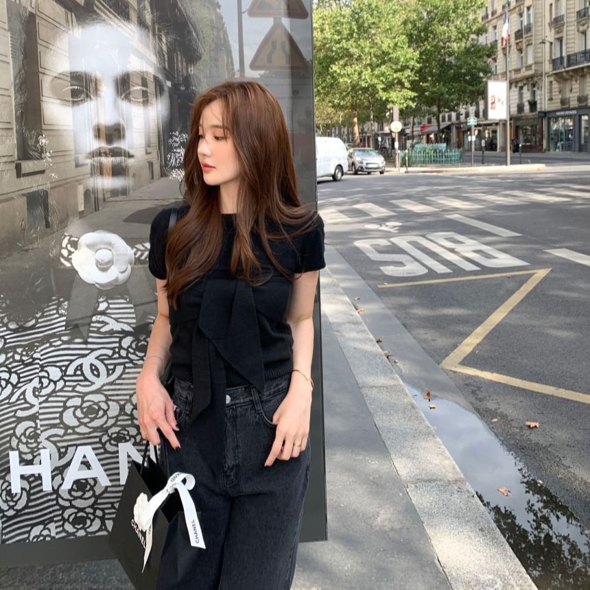 Set Short Sleeve Plain Slim Fit Knit Top Tie Front Tube Top