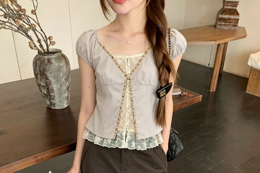 Mock Two Piece Puff Sleeve Lace Blouse