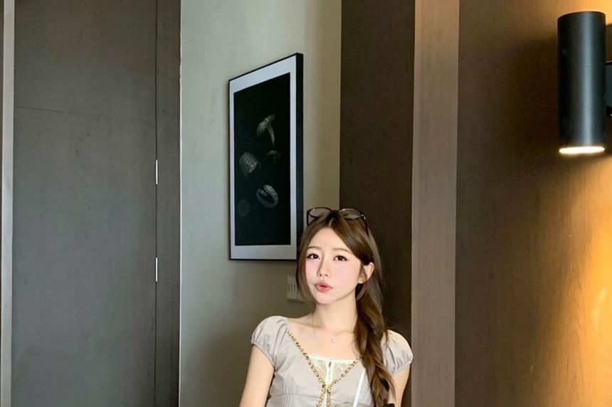 Mock Two Piece Puff Sleeve Lace Blouse