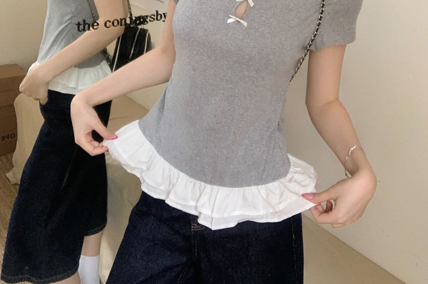 Short Sleeve Crew Neck Bow Ruffle Trim Tee