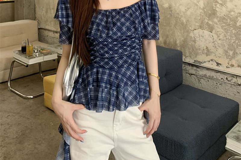Off Shoulder Plaid Ruffled Asymmetrical Blouse