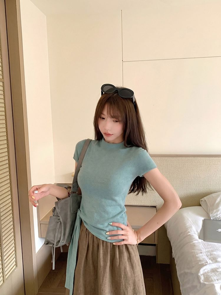 Short Sleeve High Neck Asymmetrical Knit Top