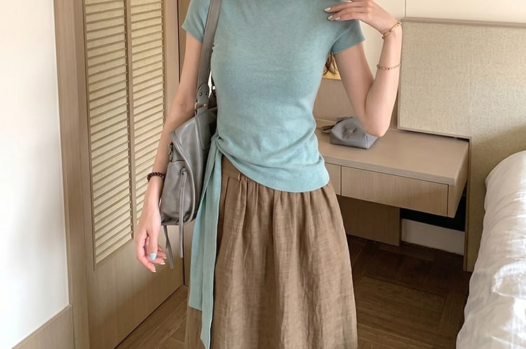 Short Sleeve High Neck Asymmetrical Knit Top