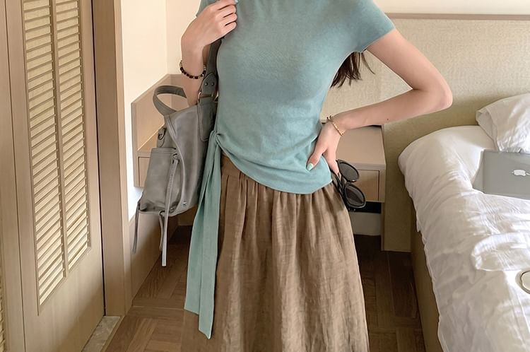 Short Sleeve High Neck Asymmetrical Knit Top