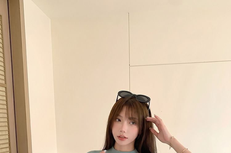 Short Sleeve High Neck Asymmetrical Knit Top
