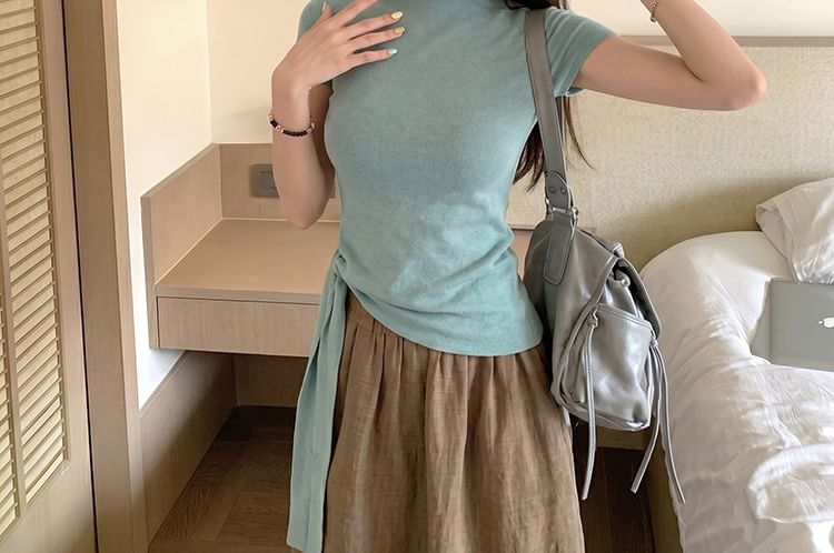 Short Sleeve High Neck Asymmetrical Knit Top