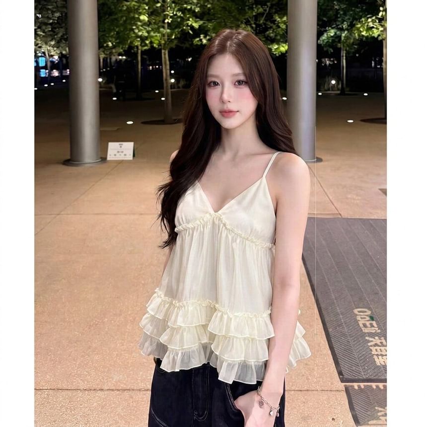 Ruffled-Hem Camisole Top with V-Neckline