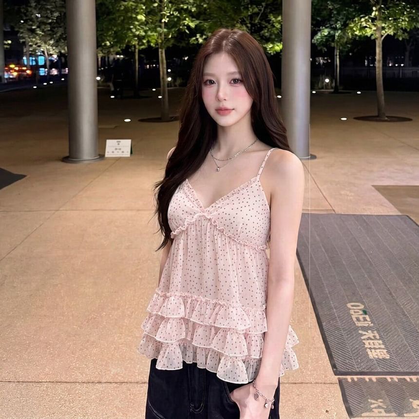 Ruffled-Hem Camisole Top with V-Neckline