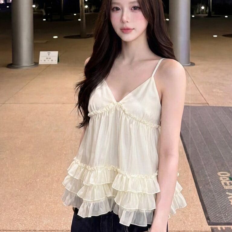 Ruffled-Hem Camisole Top with V-Neckline