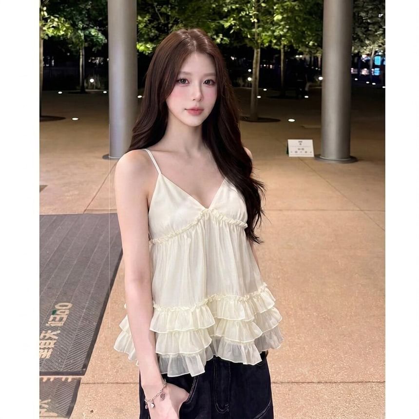 Ruffled-Hem Camisole Top with V-Neckline