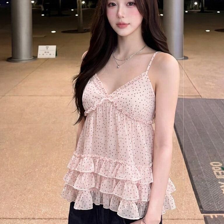 Ruffled-Hem Camisole Top with V-Neckline