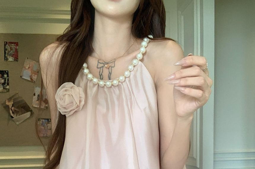 Beaded U-Neck Ruffle Sleeveless Blouse