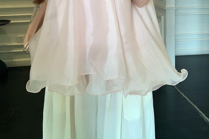Beaded U-Neck Ruffle Sleeveless Blouse