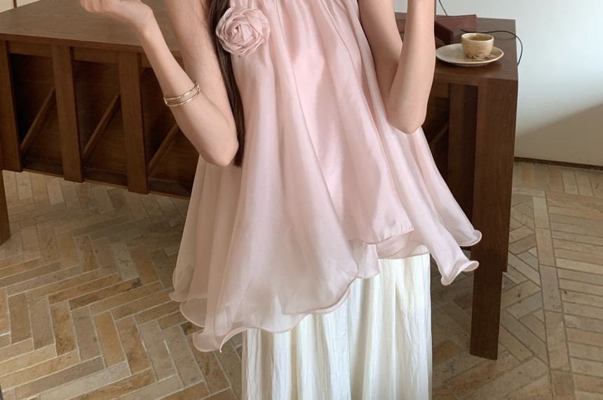 Beaded U-Neck Ruffle Sleeveless Blouse