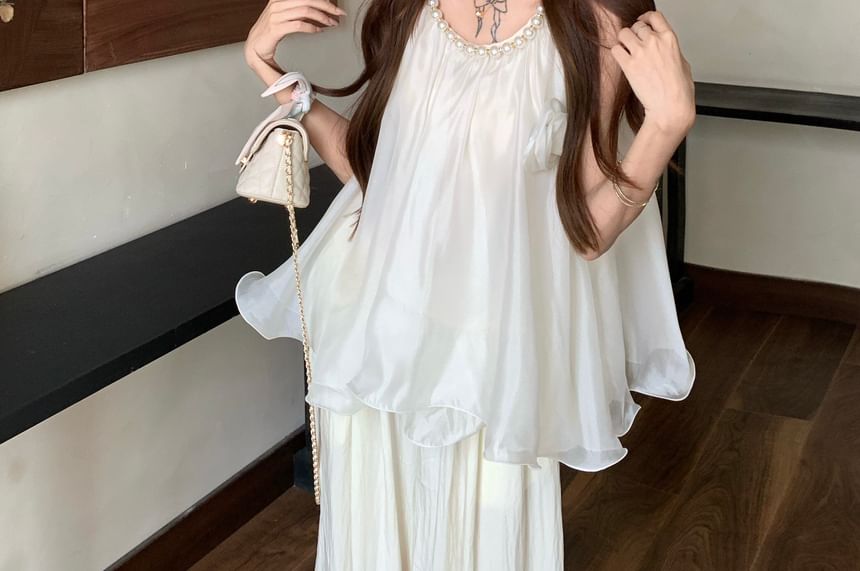 Beaded U-Neck Ruffle Sleeveless Blouse
