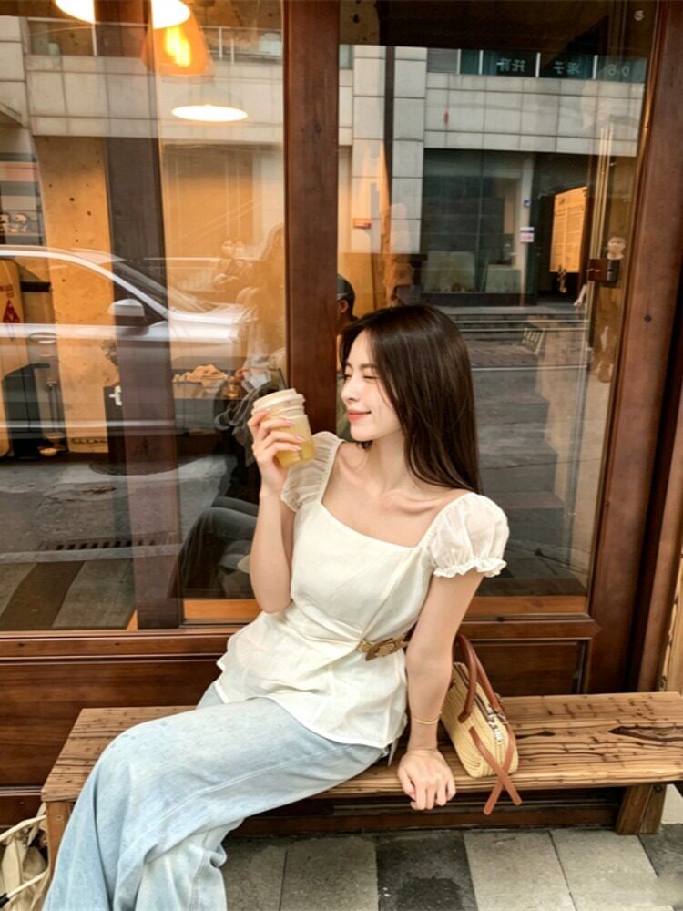 Sheer Square Neck Short Sleeve Top