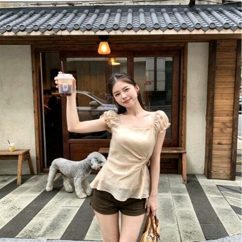 Sheer Square Neck Short Sleeve Top