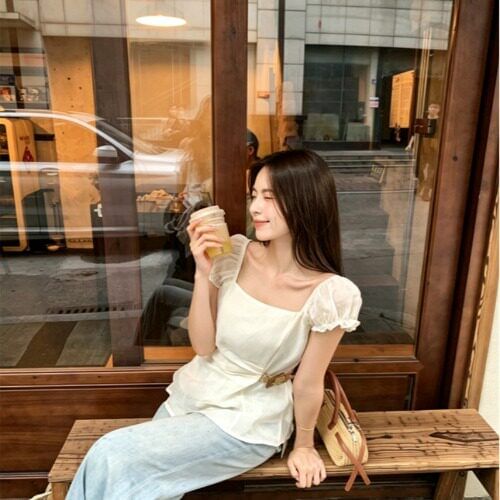 Sheer Square Neck Short Sleeve Top
